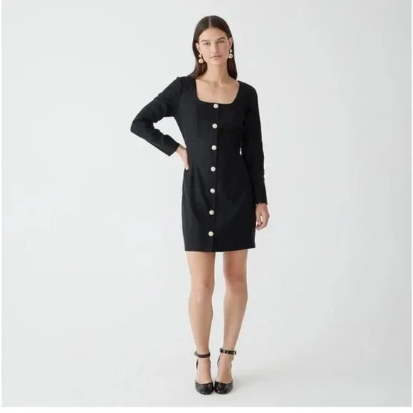 J Crew Long Sleeve Button Mini Dress Black Linen Blend Square Neck size 12 - Picture 5 of 8